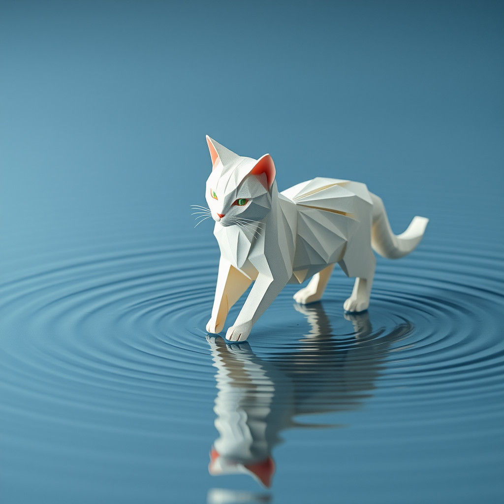 Origami Cat Walking on Water in Ukiyo-e Style