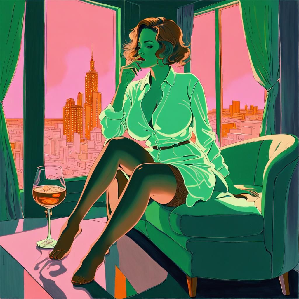 Intricate Illustration: Woman in Neon-Lit Lounge