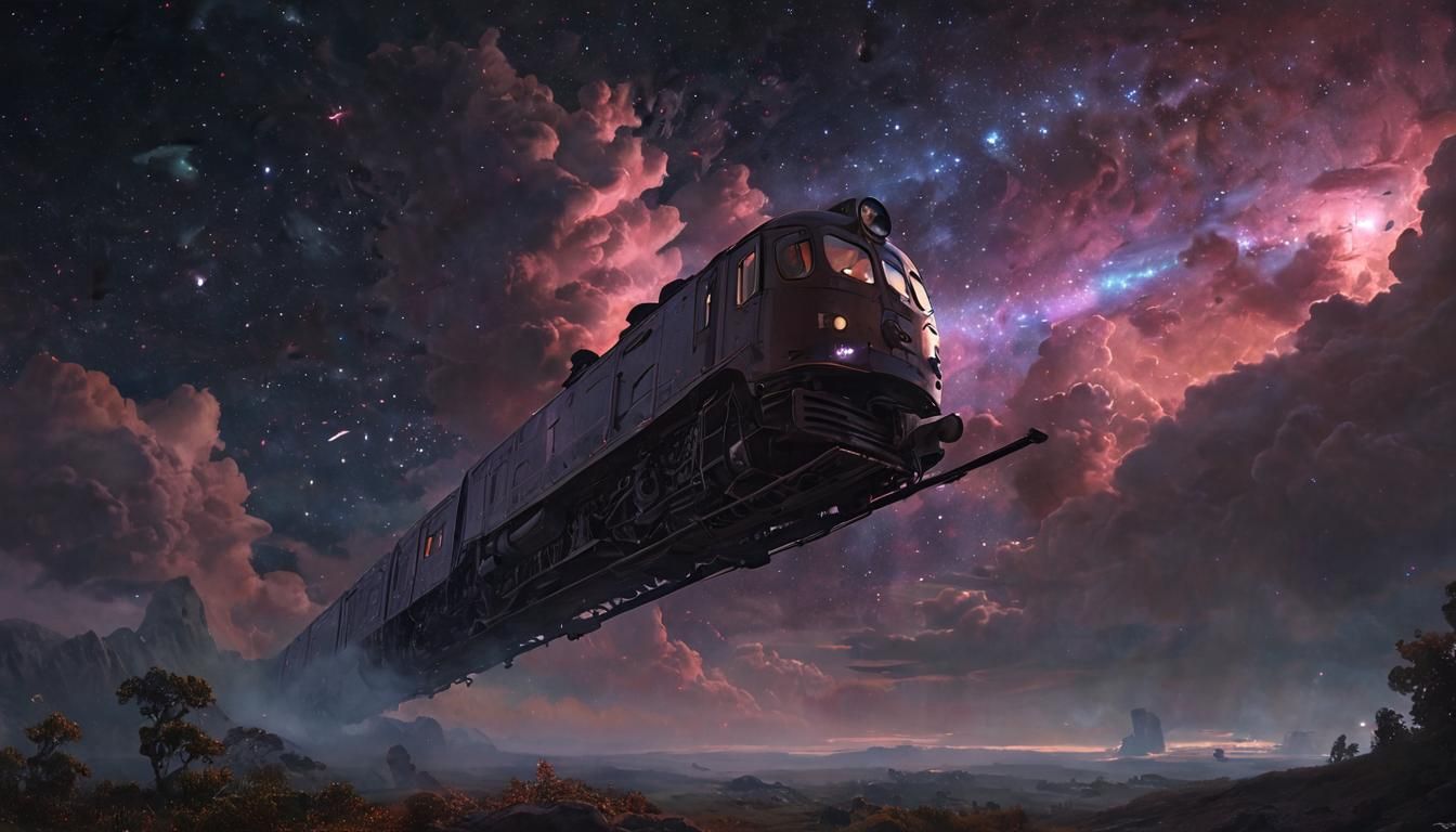Flying Train in Astral Nebula Sky: Matte Painting