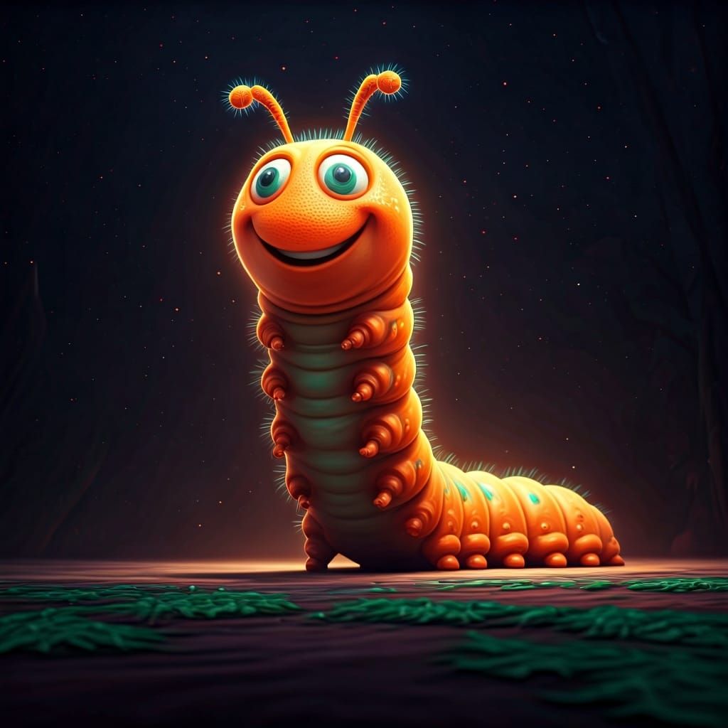 Smiling Orange Caterpillar: Digital Dreamcore Illustration