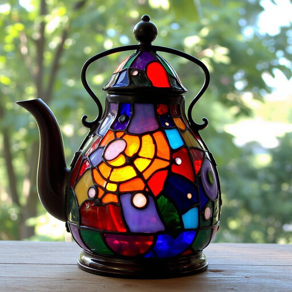 Cosmic Tea Kettle in Stained Glass Style