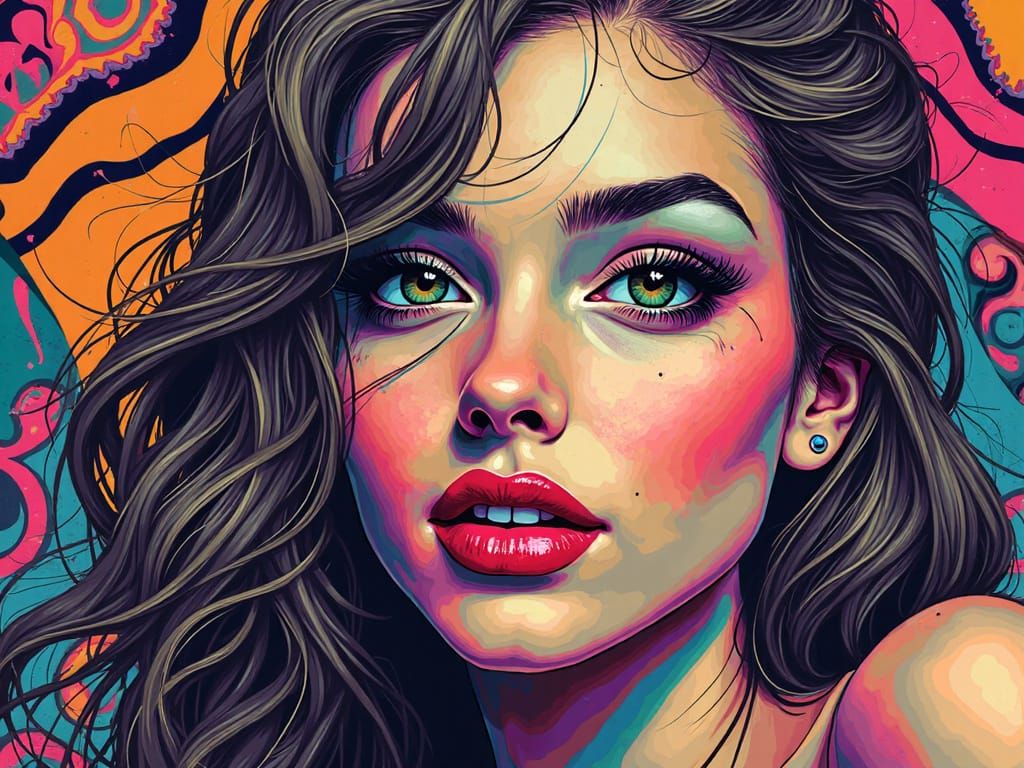 Op Art Portrait of a Beautiful Woman with Fractals