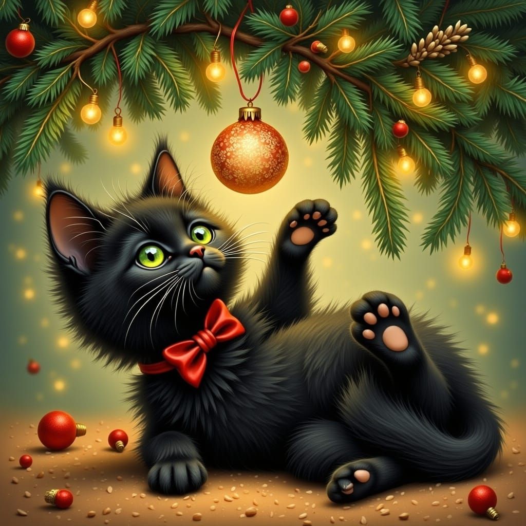 Whimsical Kitten Batting at Christmas Ornament