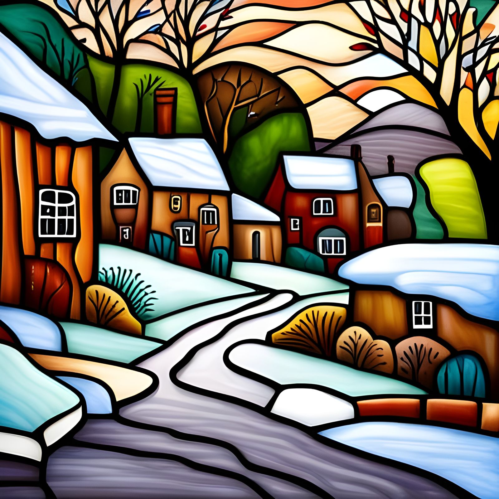 Snowy Cotswold Village in Stained Glass Abstract Art