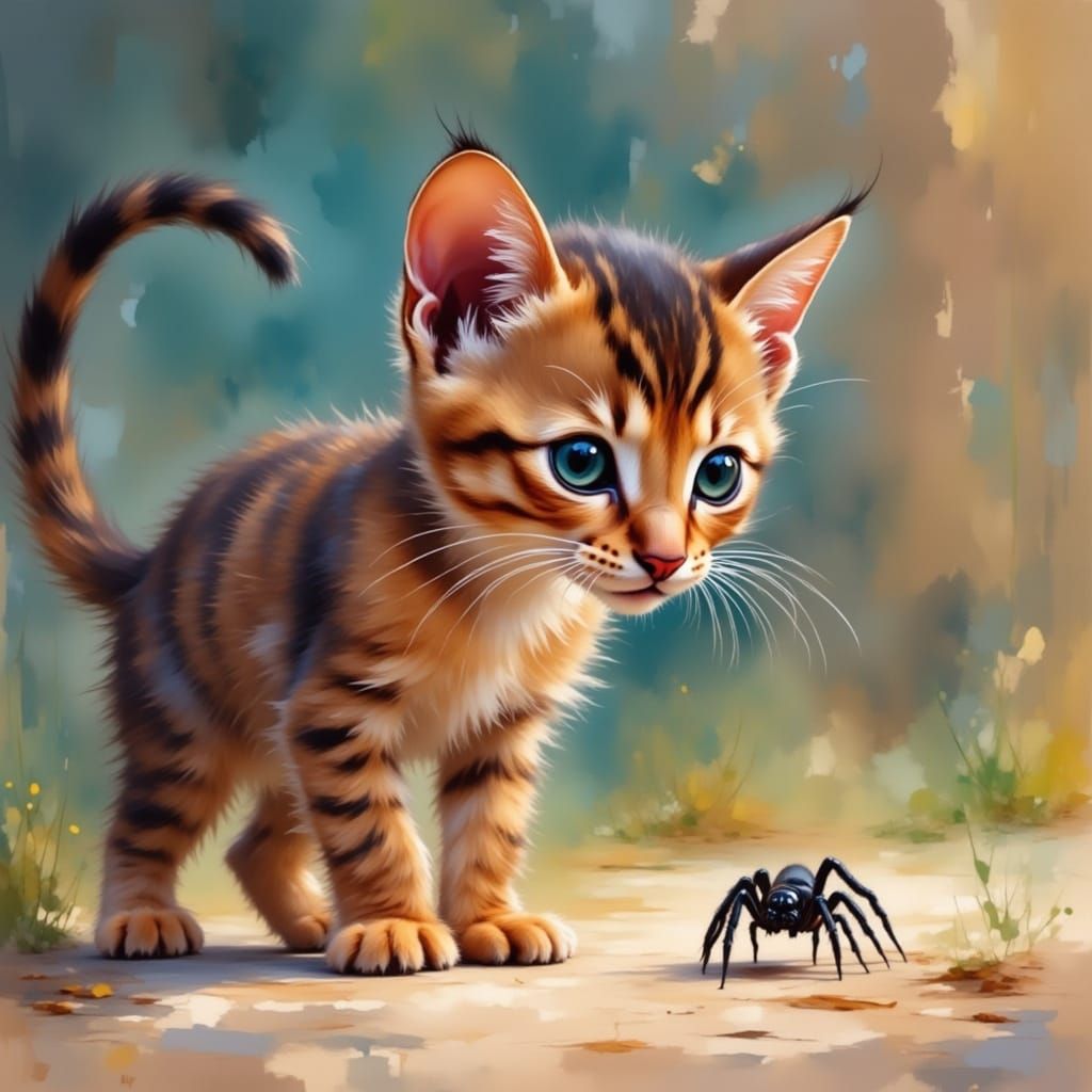 Adorable Abyssinian Cat Reacts to Spider in Grungy Style