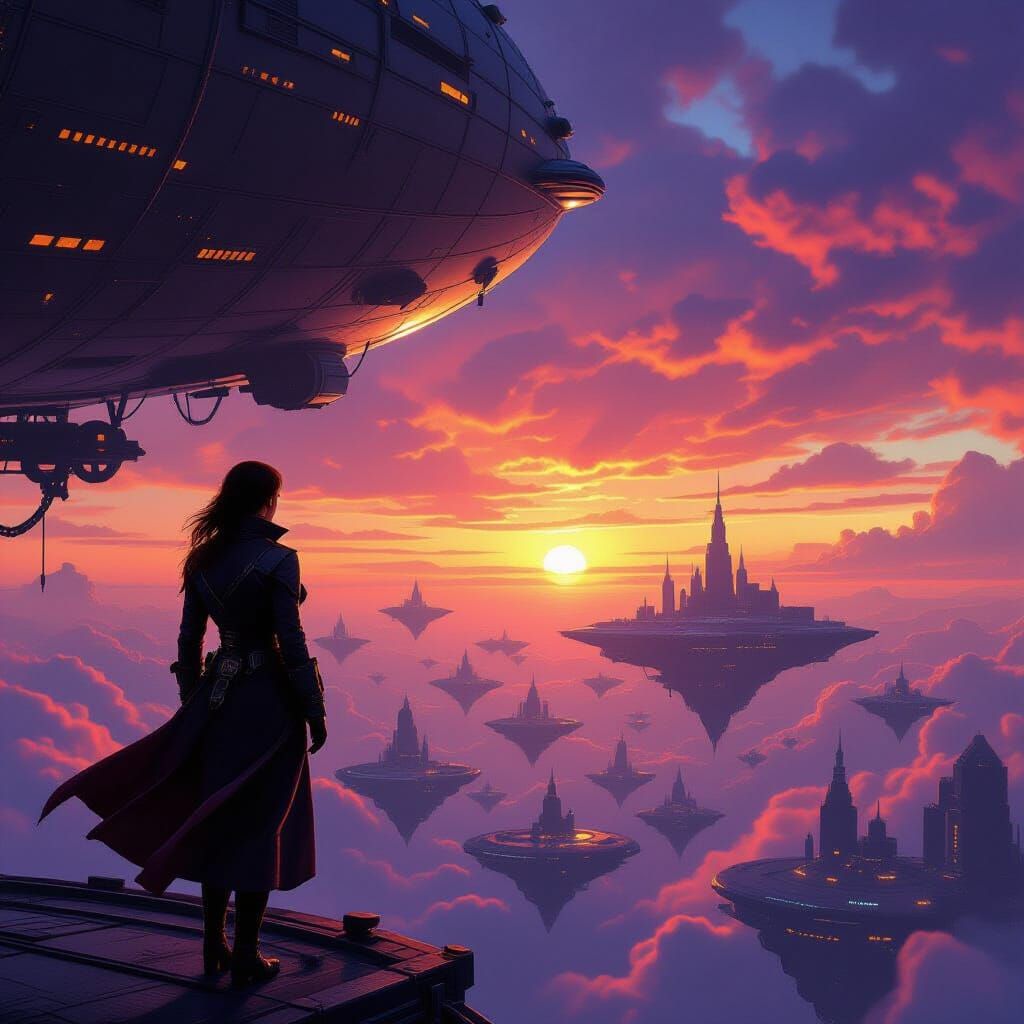 Dieselpunk Aviator Gazes at Alien Sunset from Airship