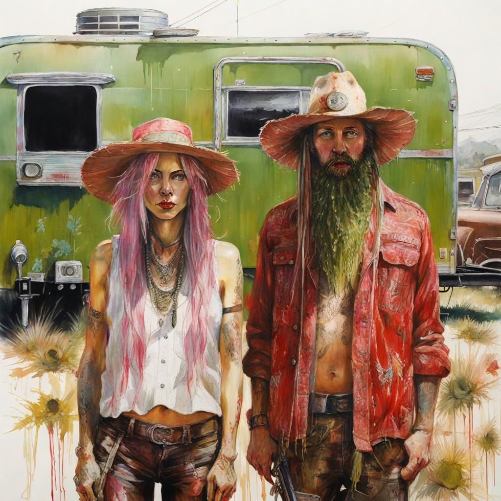 Anthropomorphic Pickle Couple in Trailer Park Setting