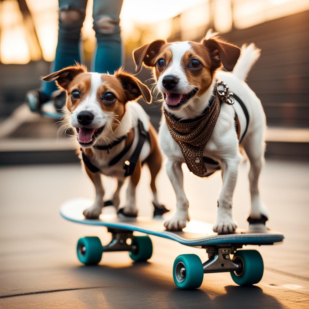Hyperreal Jack Russells Skateboarding in a Steampunk Park