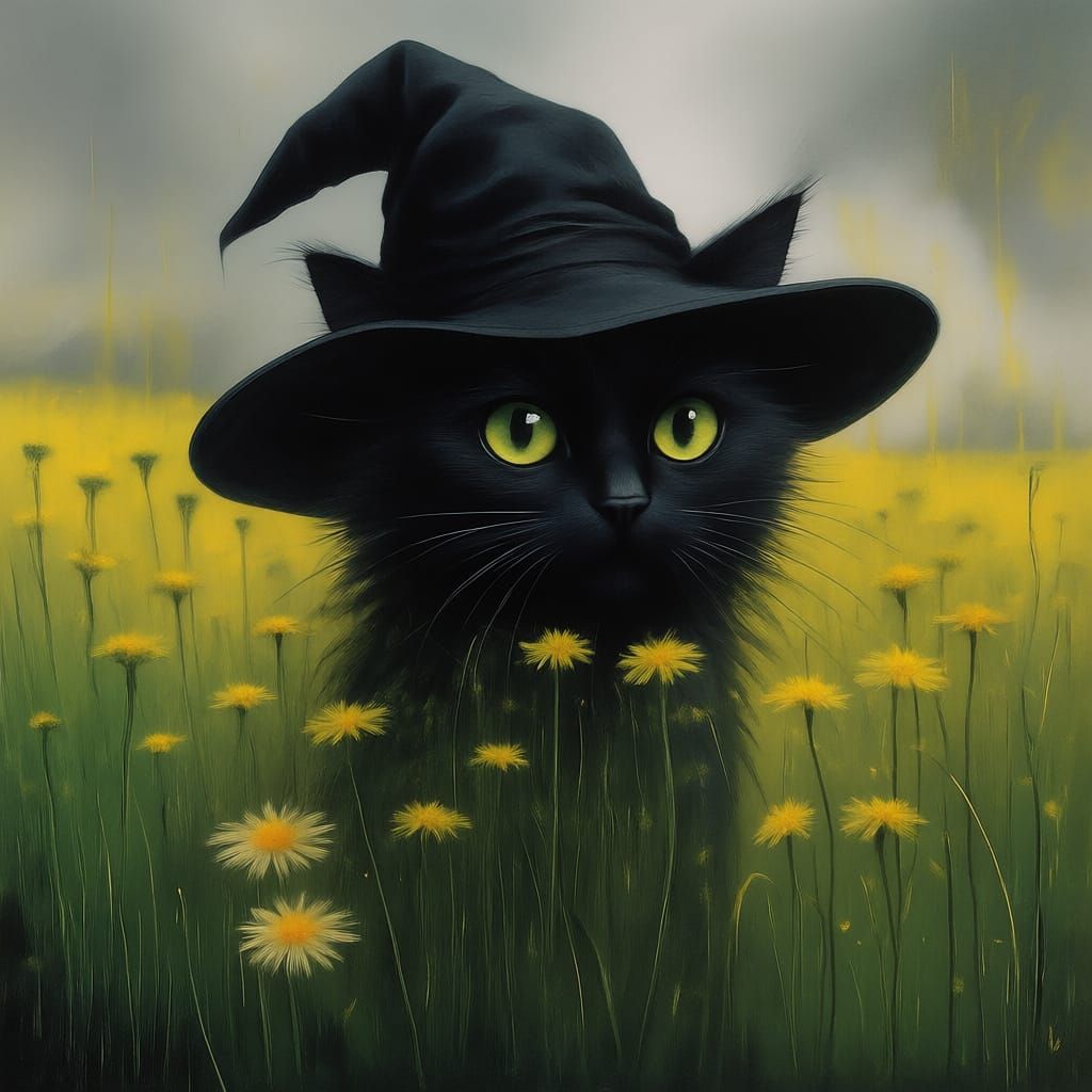 Witch Cat with Black Hat Among Dandelions