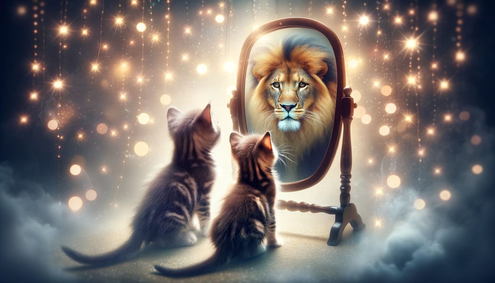Kitten's Mirrored Lion: Dreamy Strength and Wisdom