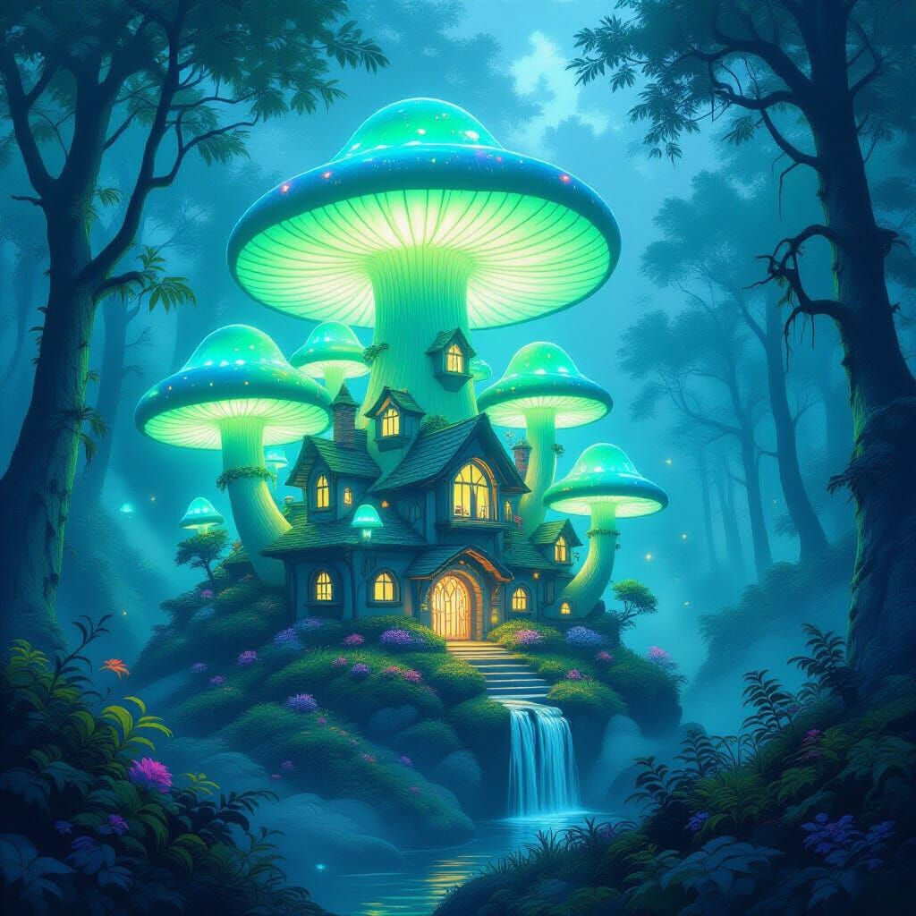 Fantasy Mushroom Village in Misty Forest