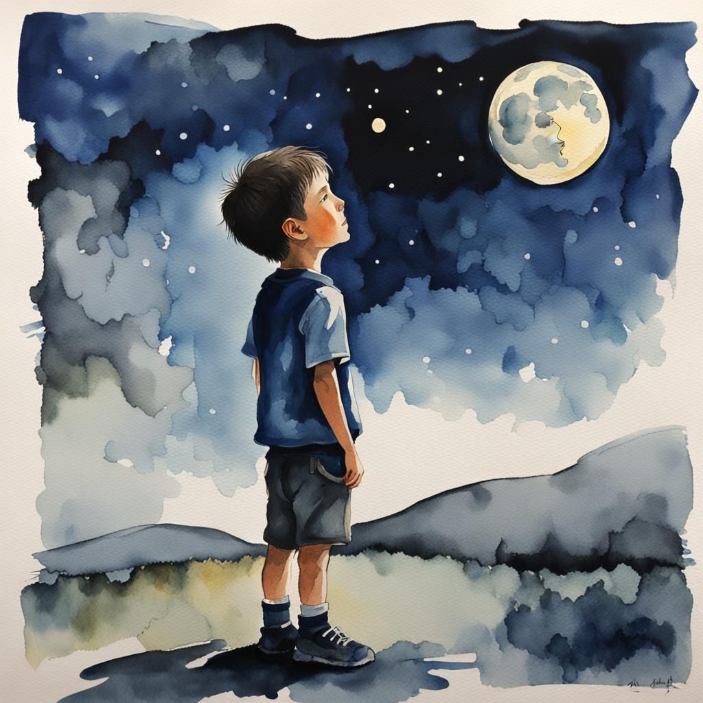 Boy Longing Under Moon in Watercolor Art