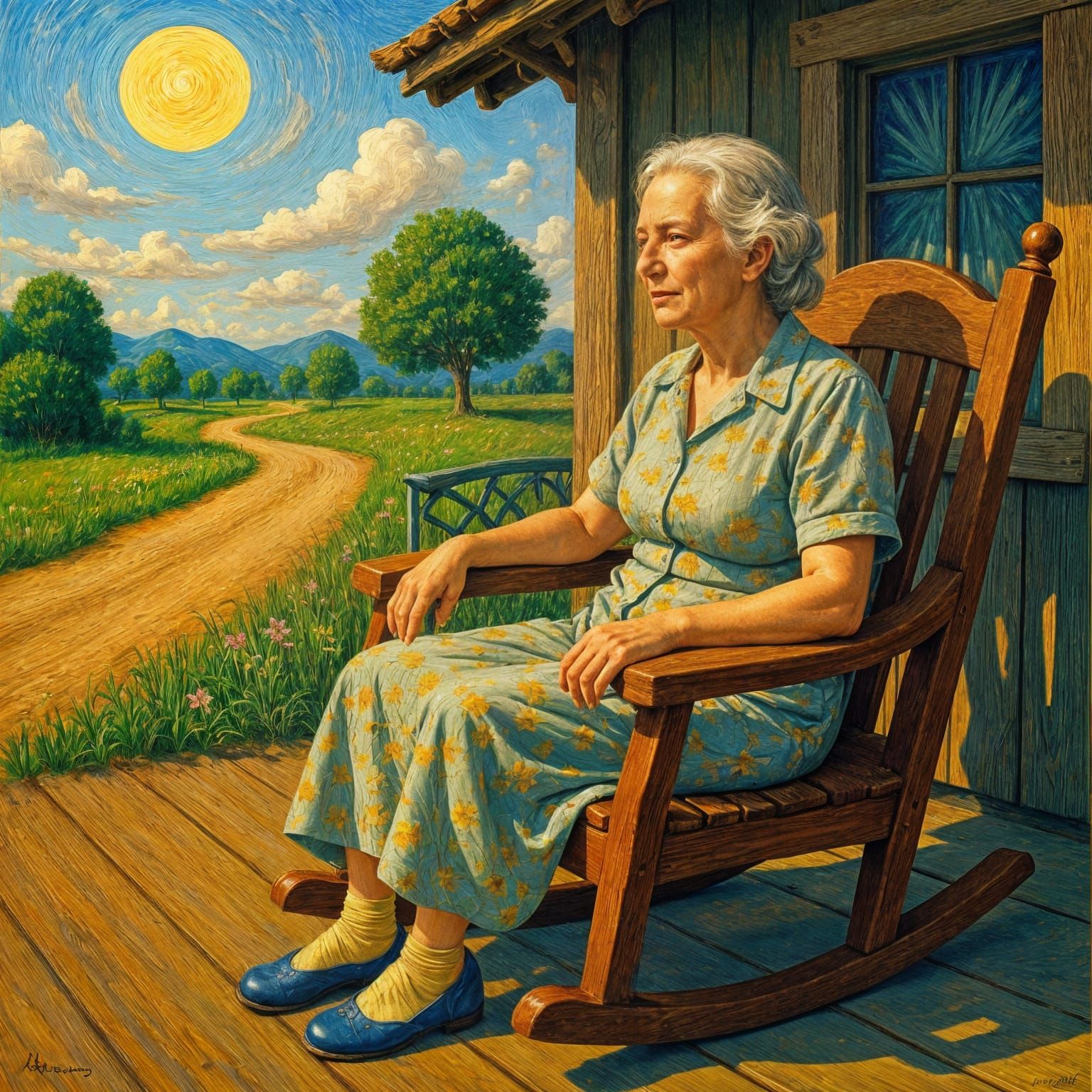 Elderly Woman on Porch in Impressionistic Style
