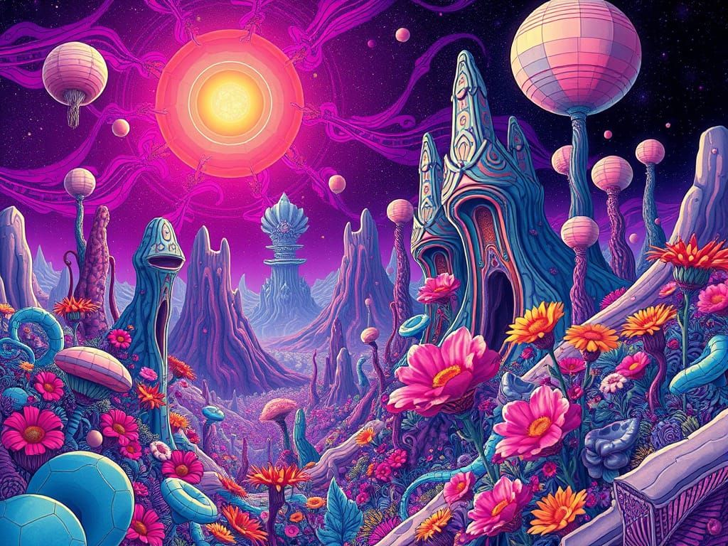 Psychedelic Surreal Landscape with Geometric Linework