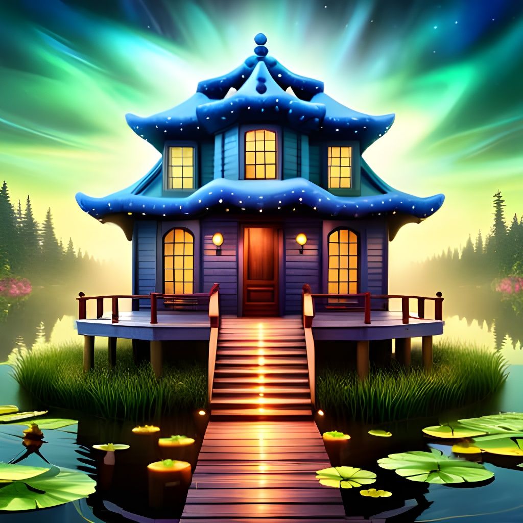 Magical Blueberry Lakehouse with Lotus Pathway