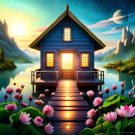 Magical Blueberry Lakehouse with Blue Lotuses