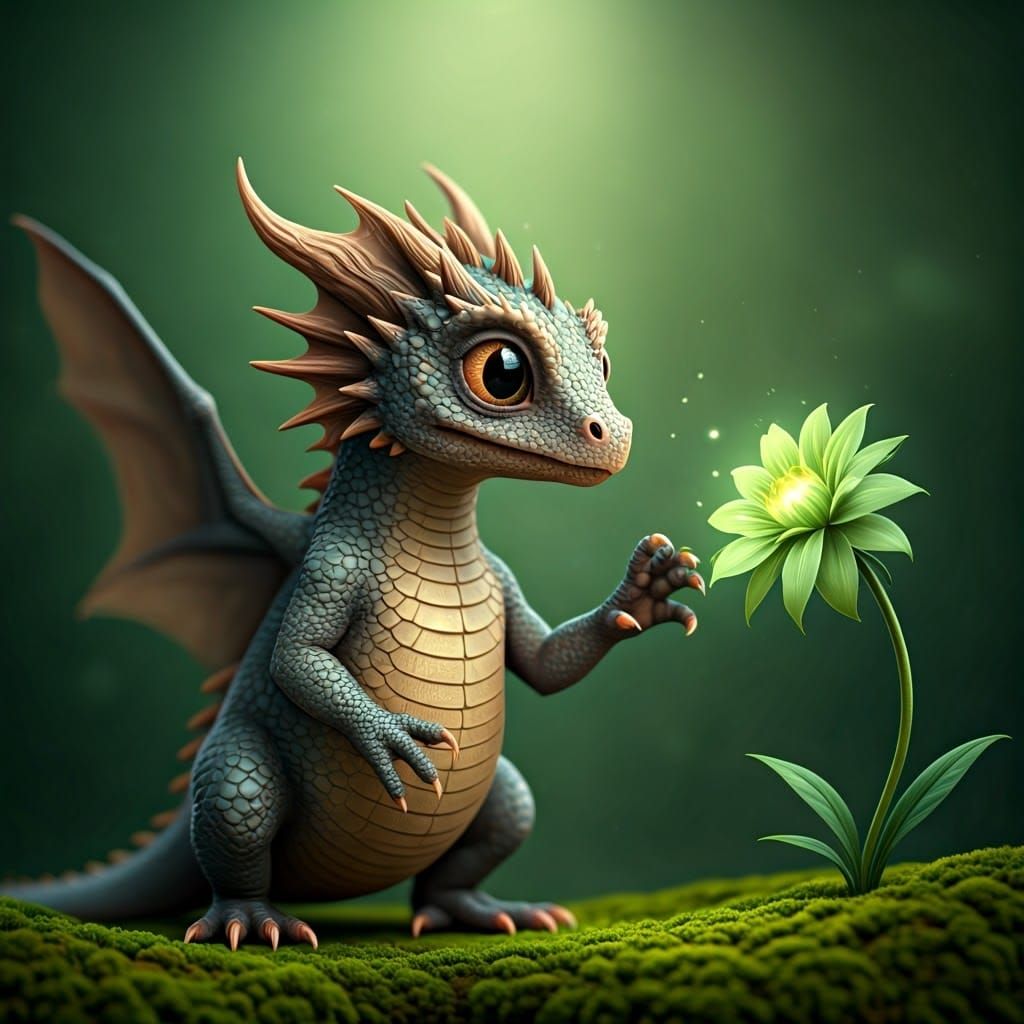 Dragon Touches Magical Flower in Whimsical Style