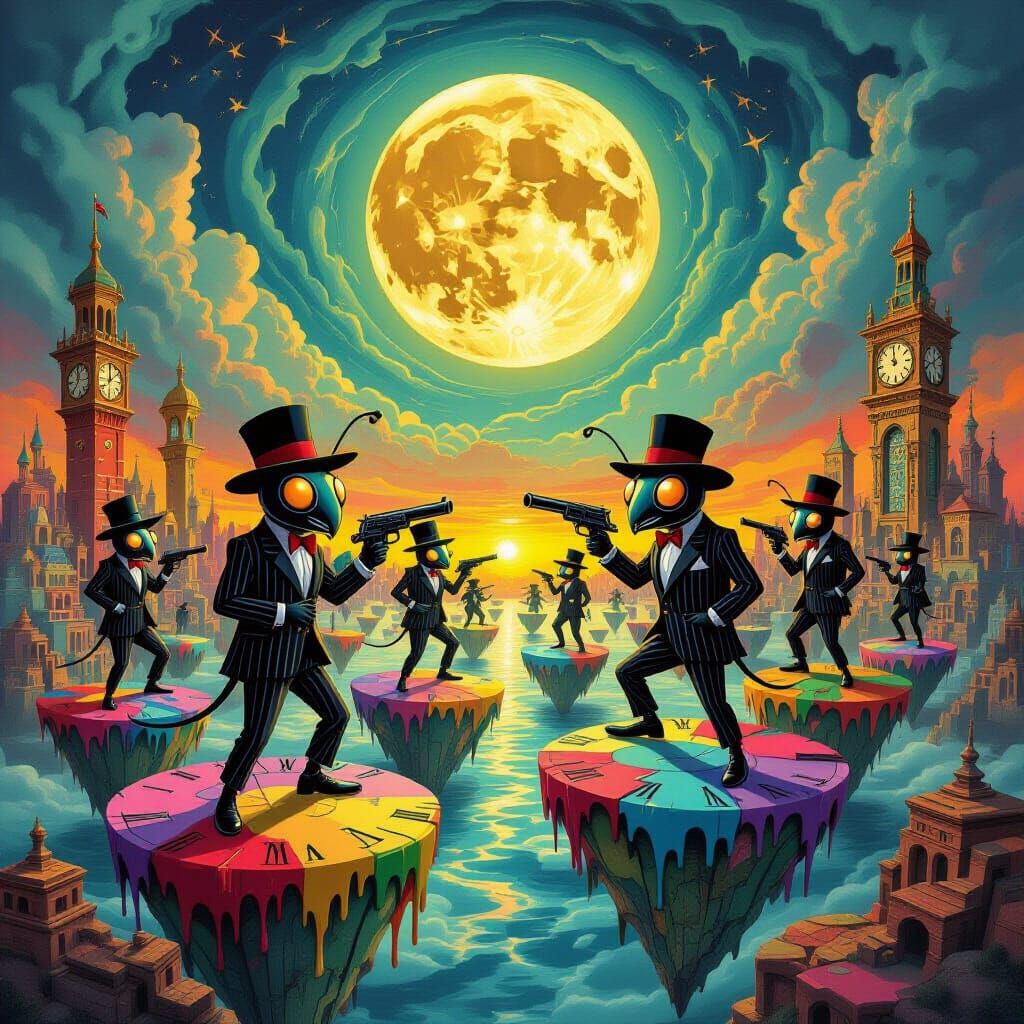 Surreal Gangster Ants in a Dalí-Inspired Landscape