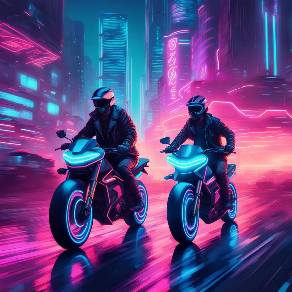 Cyberpunk Bikers Race Through Neon City
