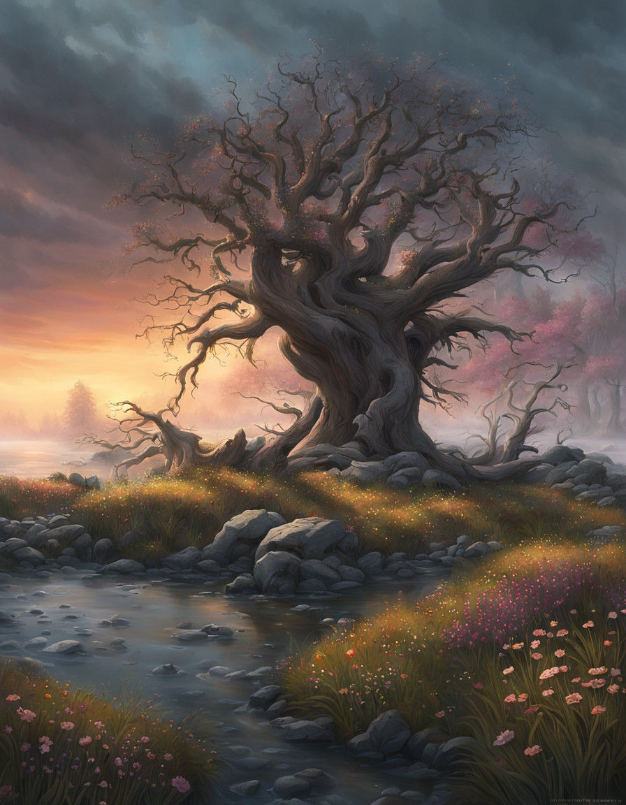 Twisted Tree in Haunting Sunset Landscape