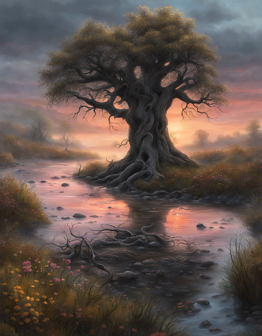 Surreal Landscape with Twisted Tree and Ethereal Glow