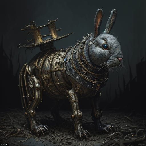 Deteriorating Hydromech Rabbit in Surrealist Oil Painting St...