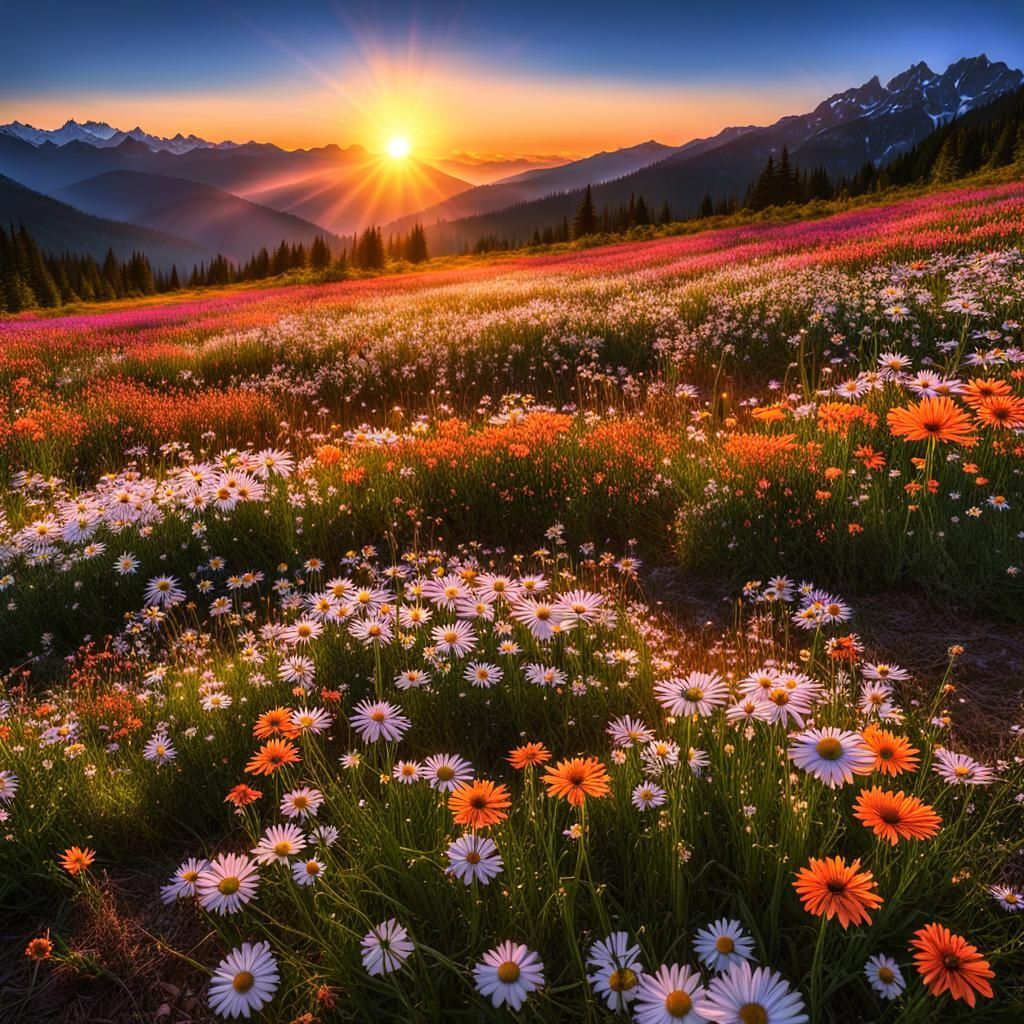 a field full of flowers with the sun setting in the background, mountains and colorful sunset!!, ((((((((night)))))))) d...