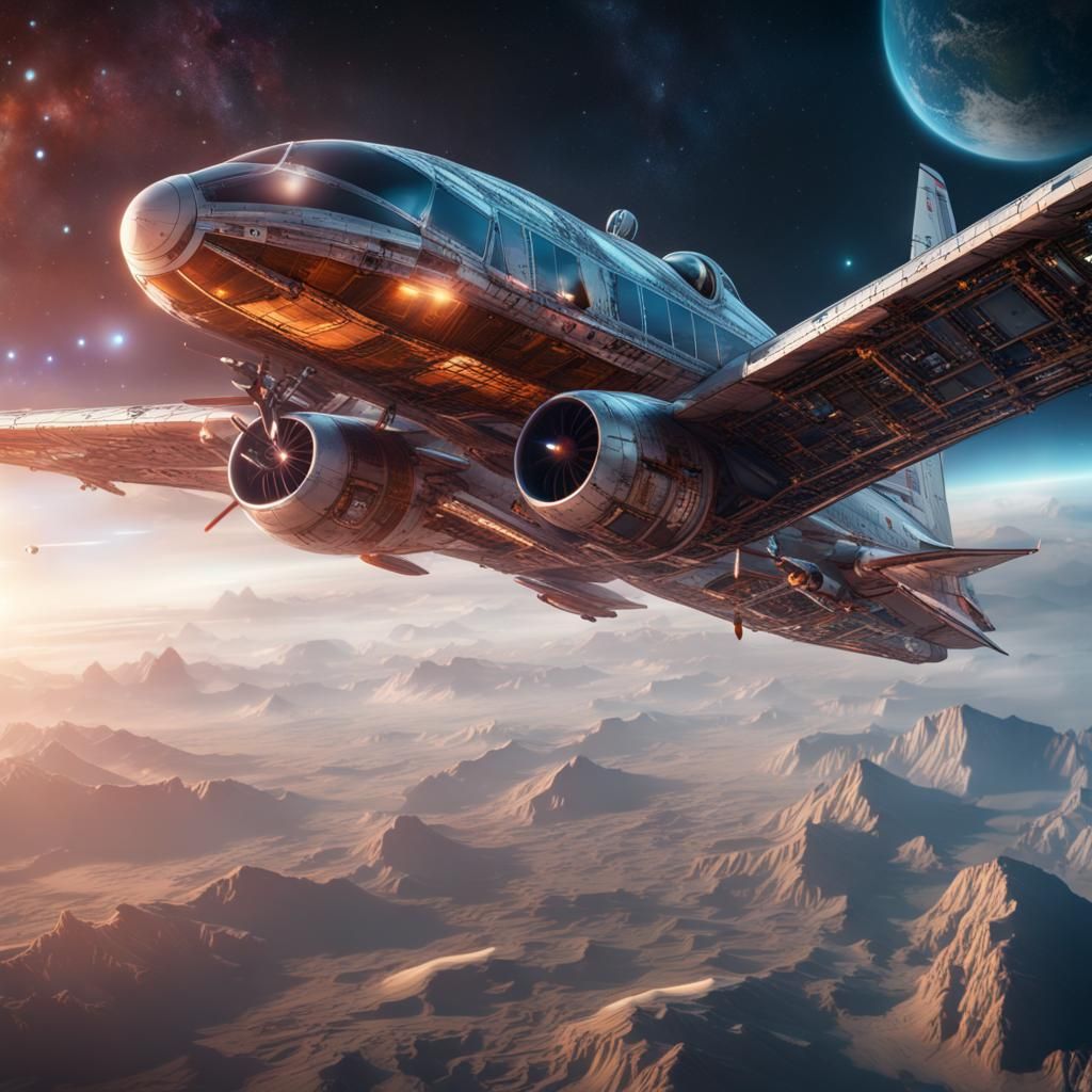 Plane Soaring Through Space: Detailed Matte Painting