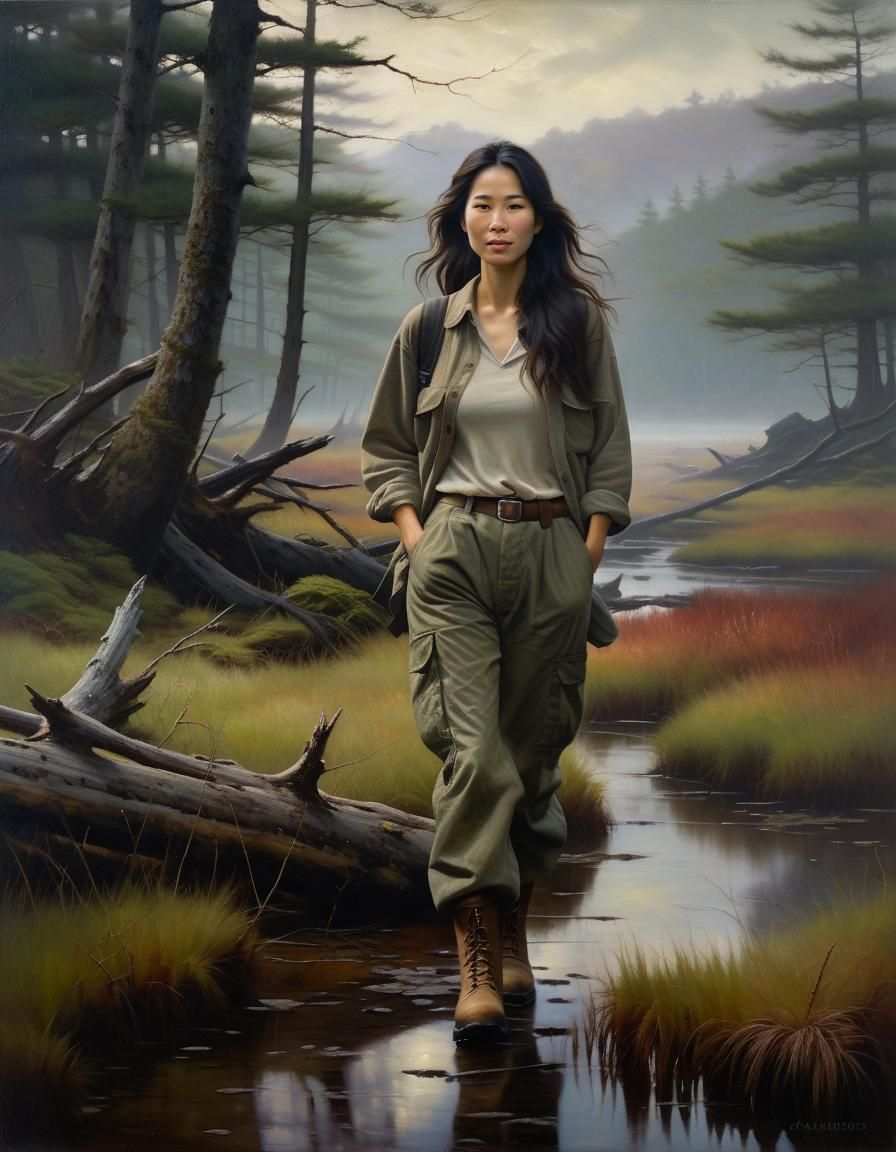 Ethereal Portrait of Woman in Misty Moor, Chiaroscuro Style