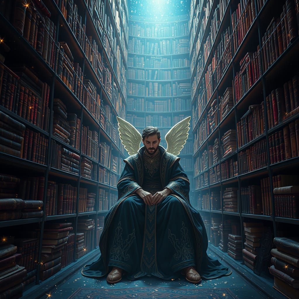 Celestial Librarian Surrounded by Glowing Books