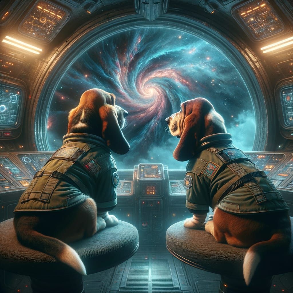 Basset Hounds Pilot Spaceship in Moody Sci-Fi Art