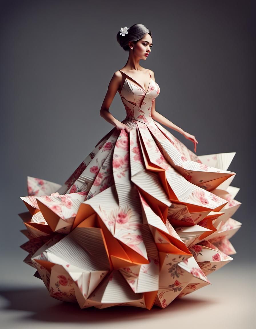 Elegant Woman in Origami Paper Ball Gown