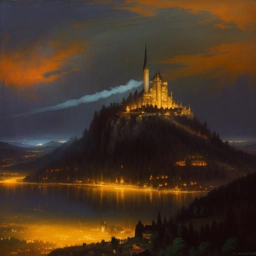 Romanticist Mountain Village at Night: Luminous Oil Painting