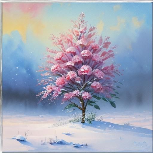 Flower Rises in Snow: Gouache Watercolor Impressionist Paint...