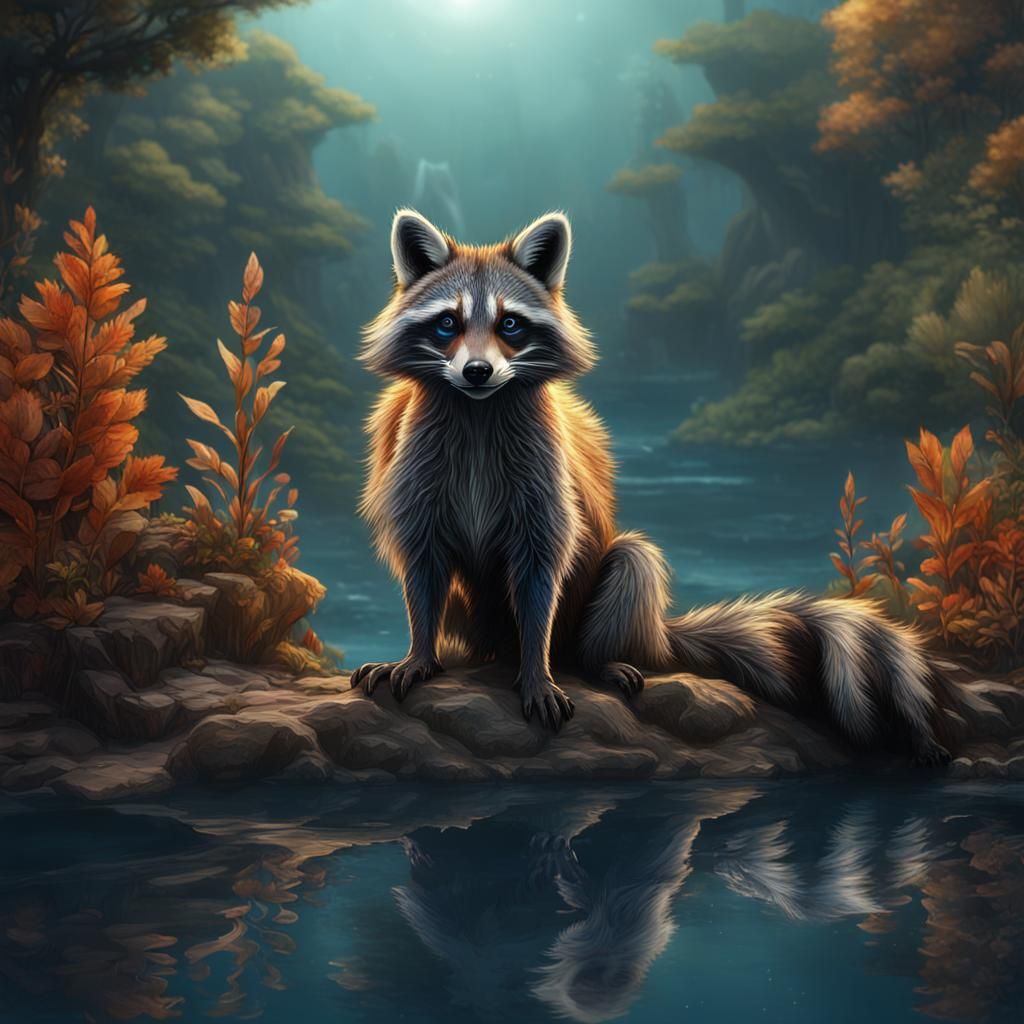 Raccoon-Fox Hybrid at Water's Edge: Fantasy Art