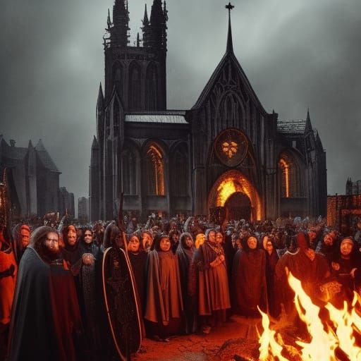 People watching a burning witch