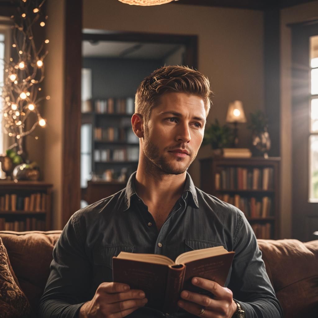Cozy Living Room Scene with Man Reading Book