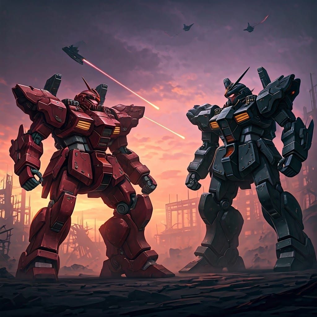 Colossal Mecha Battle in Cyberpunk Metropolis