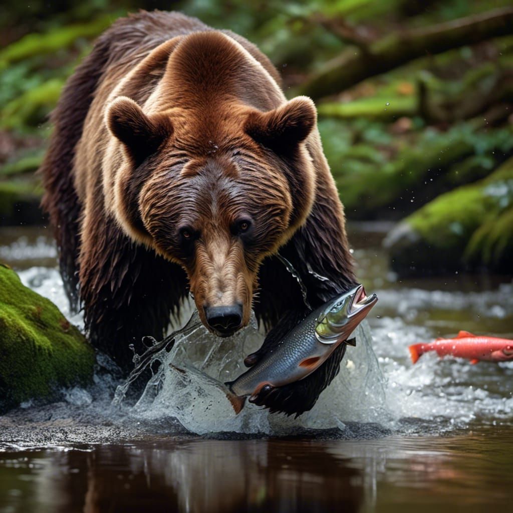 <lora:IntotheWoods:1.0> Photorealistic portrait of a bear ca...