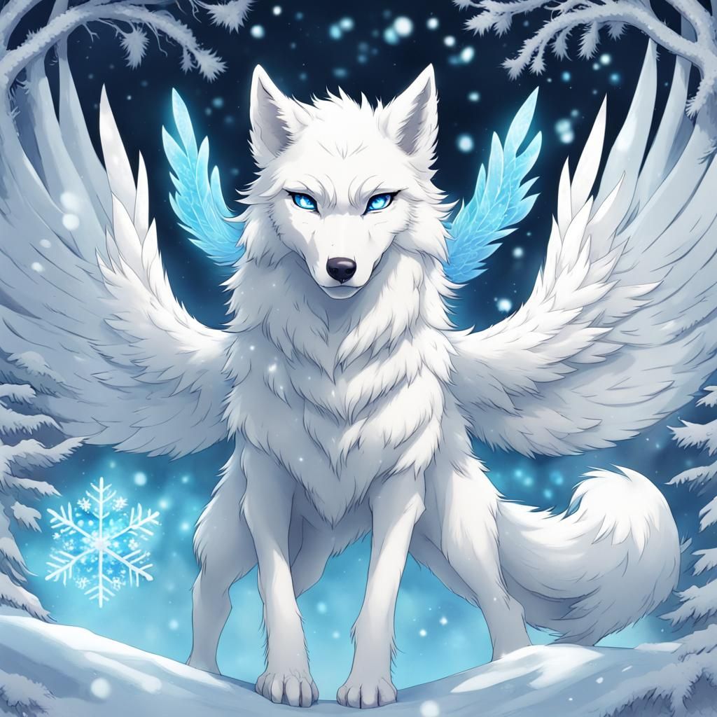 Anime Style White Wolf with Snowflake Pattern