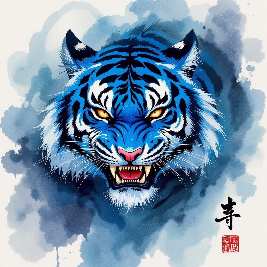 Eerie Blue Tiger in Korean Minhwa Style