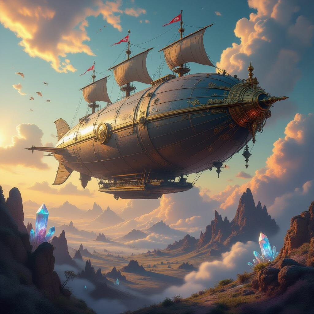 Steampunk Airship Drifting Through Cosmic Nebula