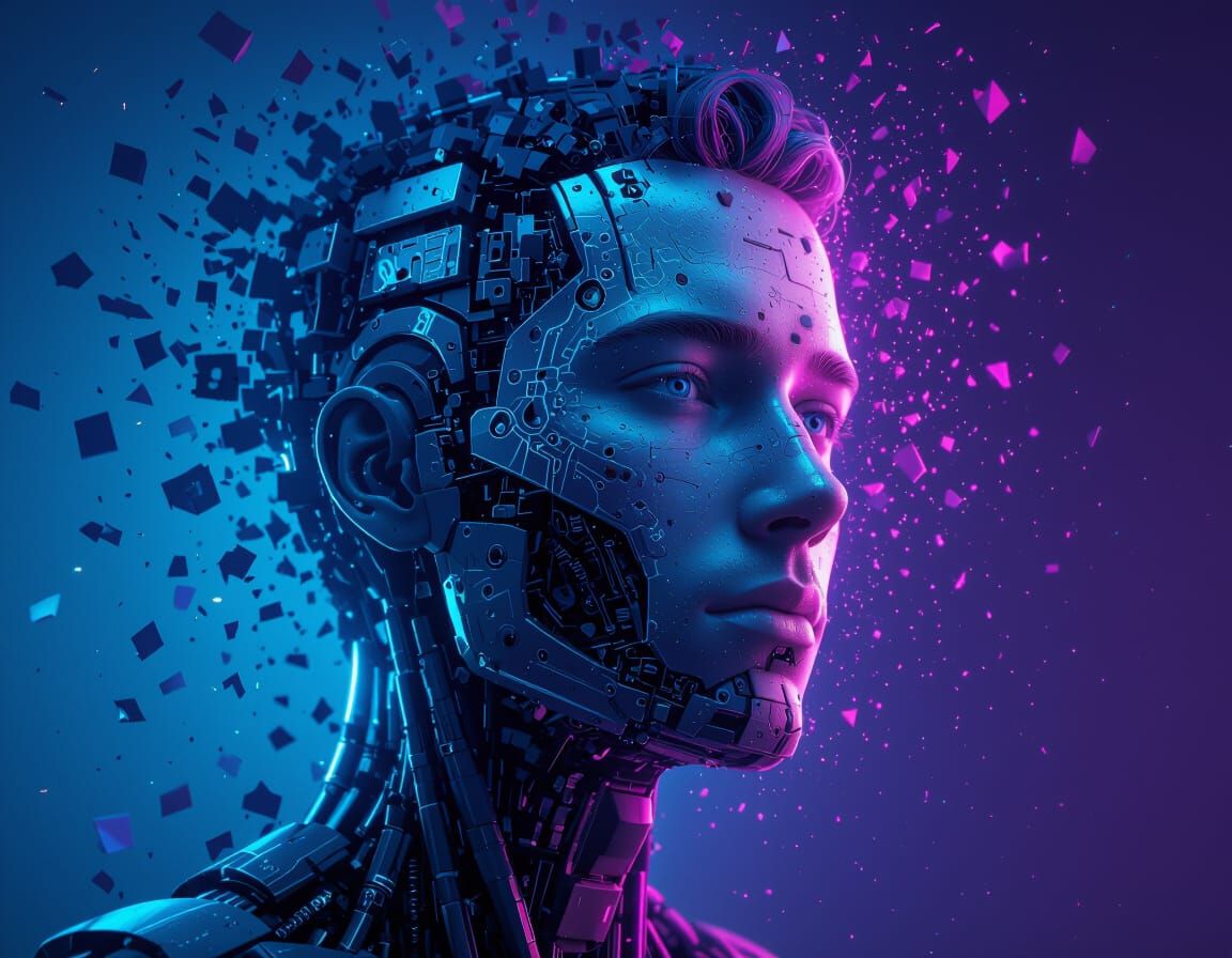 Futuristic Man's Face Dissolving into Robot Parts