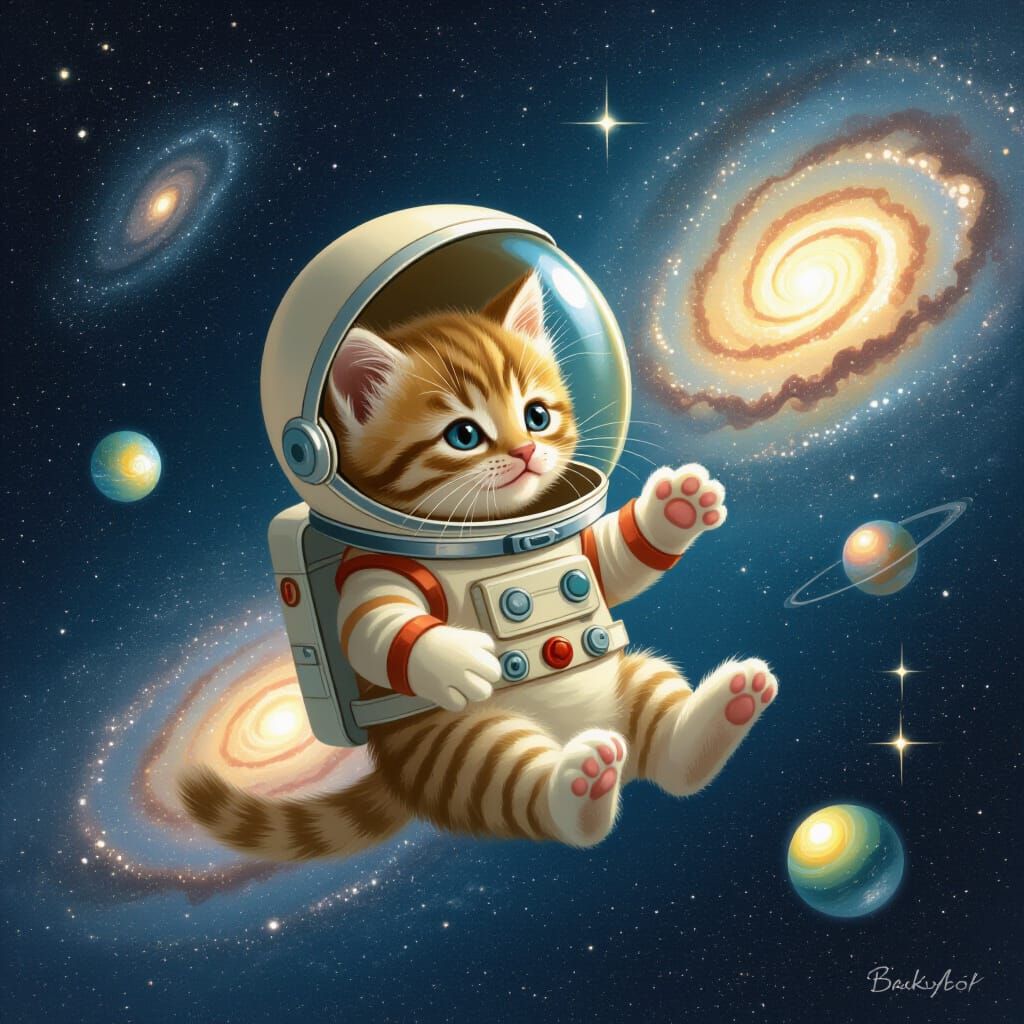 Kitten Astronaut Floats in Cosmic Void