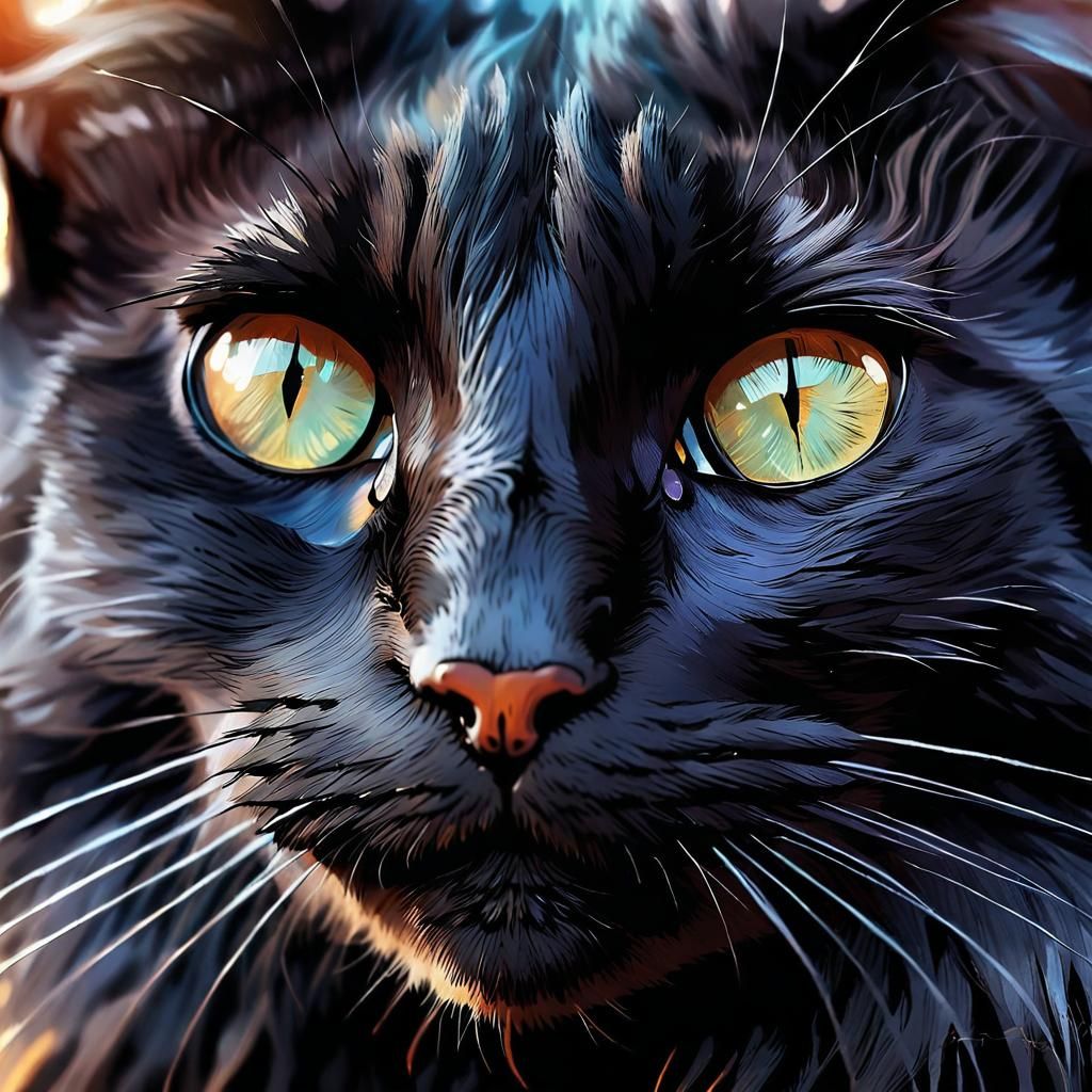 Soft Black Cat Portrait with Delicate Brushstrokes