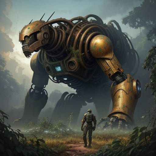 Vast Ancient Robot Explores Ruins in Digital Painting