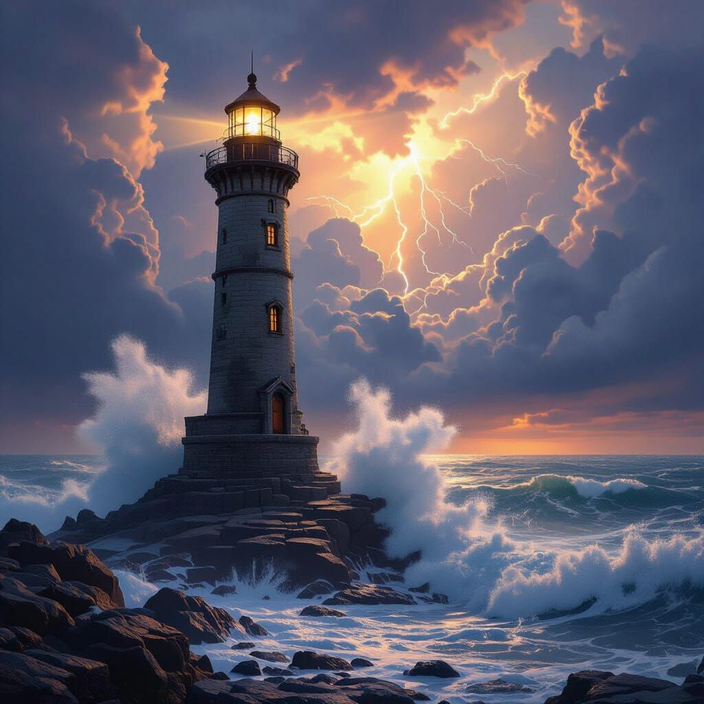 Lighthouse in Stormy Wide-Angle Seascape, Digital Matte Pain...