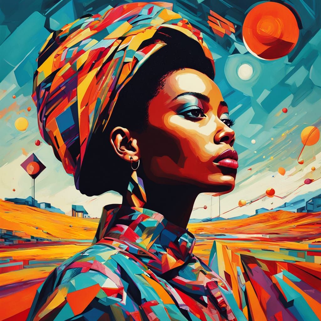 Afrofuturistic Woman in Farm Landscape, Impasto Art