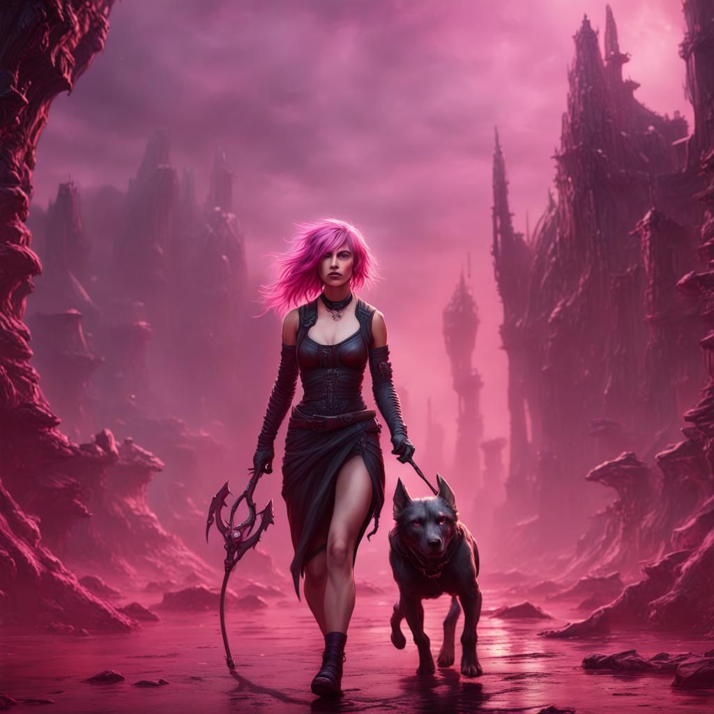 Pink Haired Woman Walking Hellhound Through Purgatory