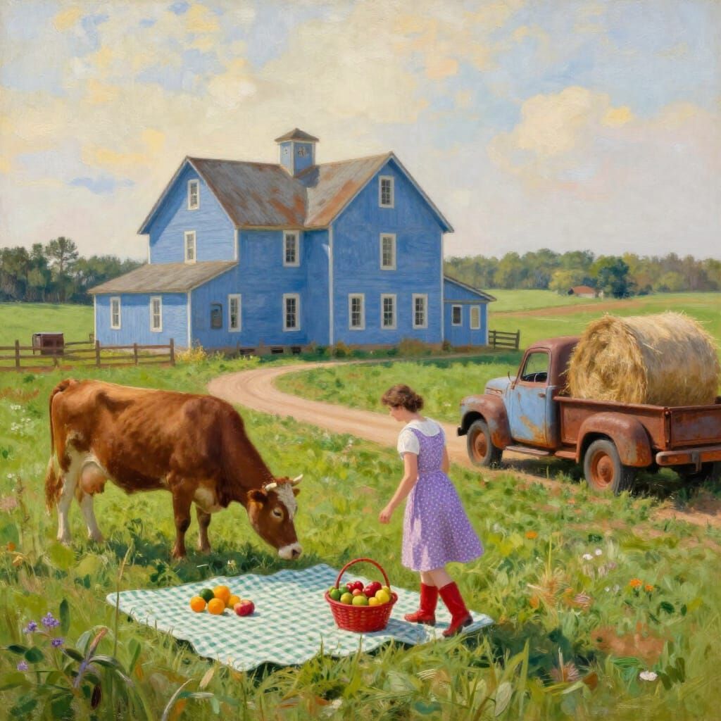 Impressionistic Farm Scene with Blue House and Picnic